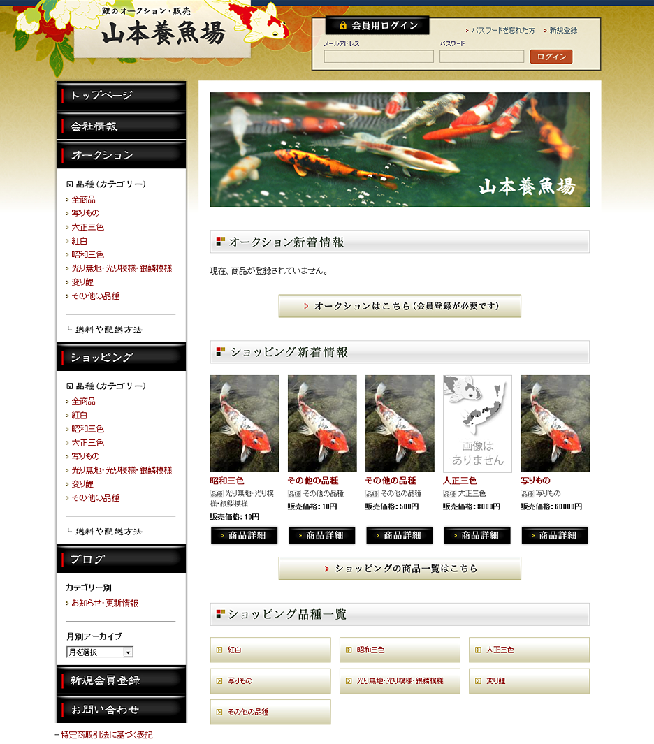 鯉の販売・オークションサイトのTOPページ制作事例